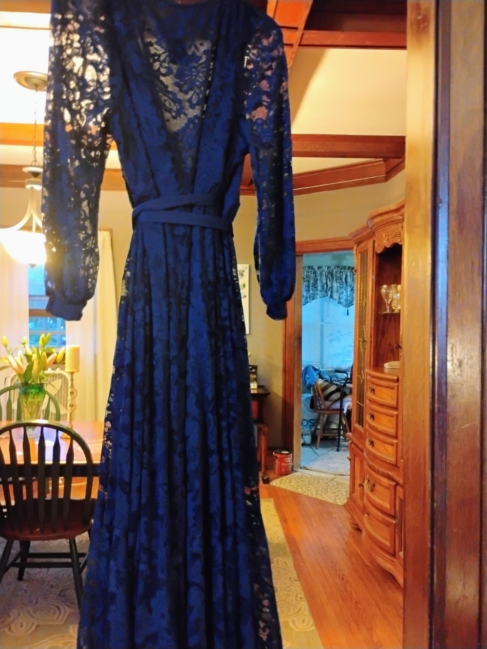 SHEIN Navy Blue Lace Long-Sleeve Maxi Dress